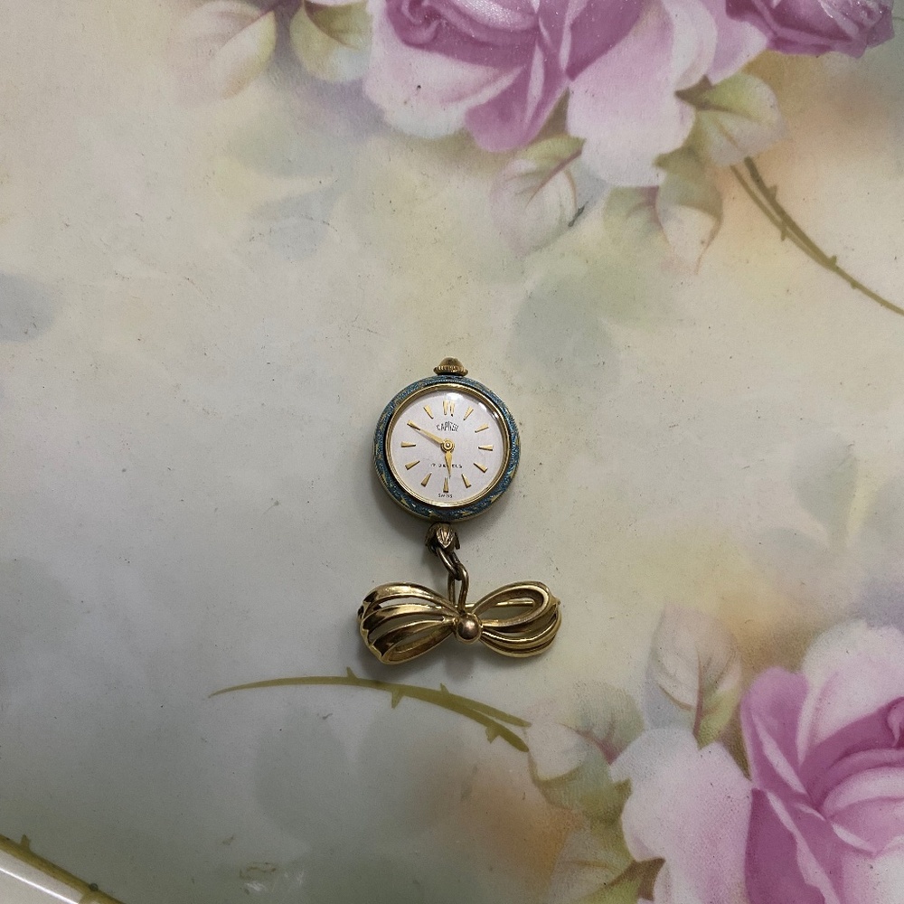 Capital Swiss 17 jewels Watch Blue Guilloche Case with Gold Filled Bow Fob